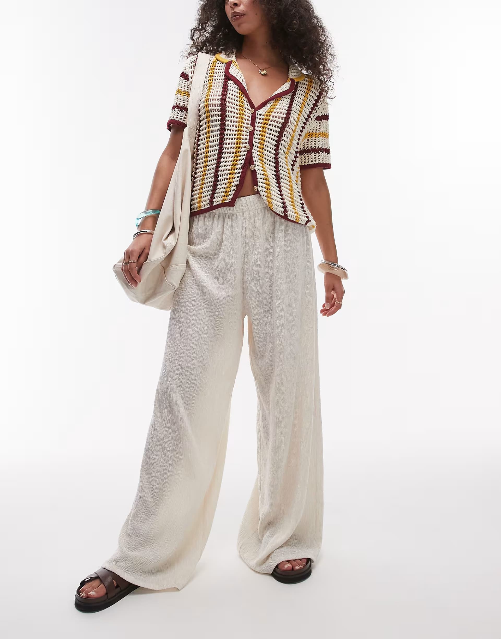 ASOS Topshop textured wide leg trousers in stone 	