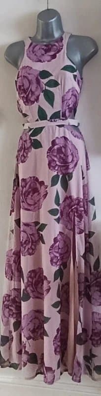 Missguided Missguided Floral Maxi Dress UK 4 Pink Purple Rose Print Cut Out Split Occasion