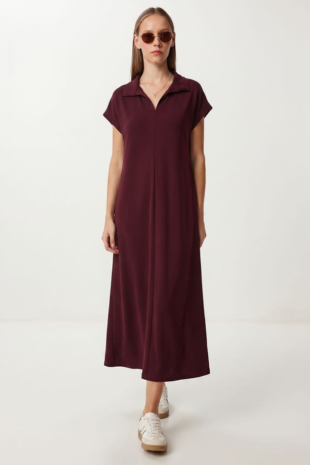 Happiness Istanbul Happiness Istanbul Women's Polo Collar Pull-On Midi Dress with Pocket in Burgundy - 2