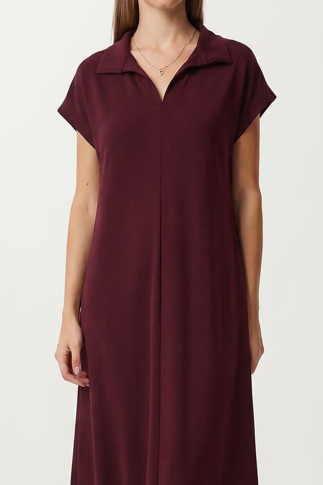 Happiness Istanbul Happiness Istanbul Women's Polo Collar Pull-On Midi Dress with Pocket in Burgundy - 3