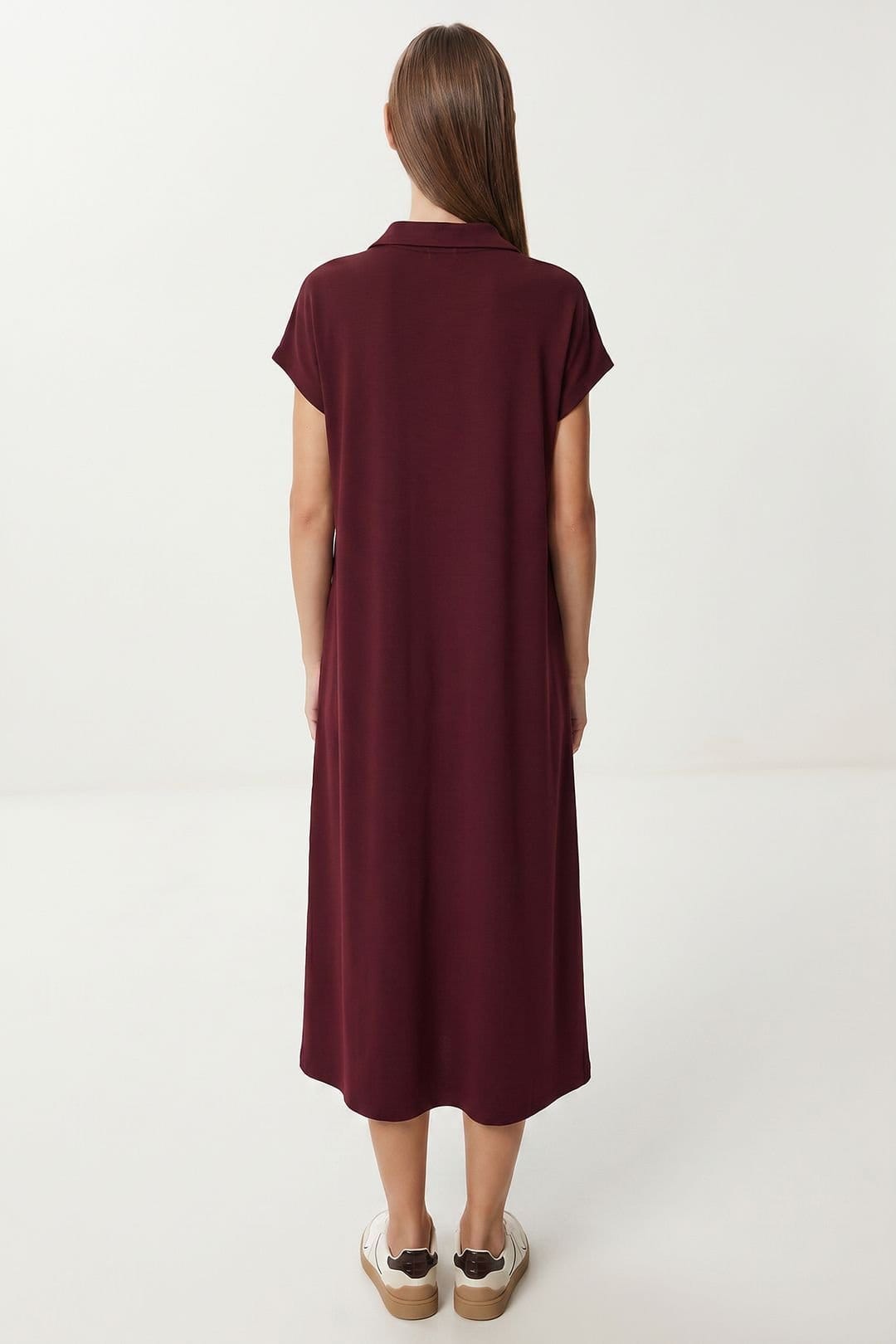 Happiness Istanbul Happiness Istanbul Women's Polo Collar Pull-On Midi Dress with Pocket in Burgundy - 4