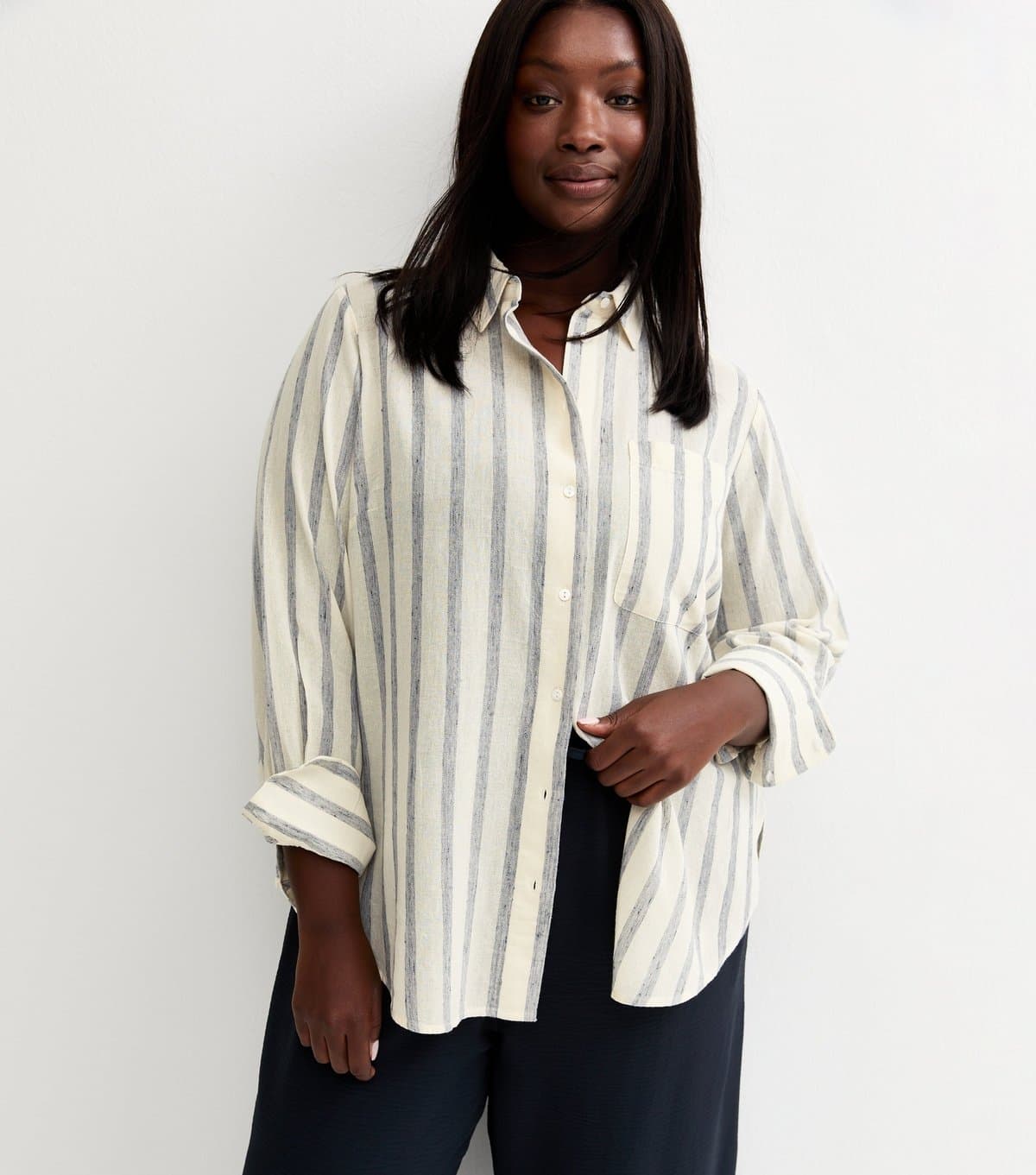 New Look Women's Plus Size Blue Pinstripe Long Sleeve Shirt Curves New Look