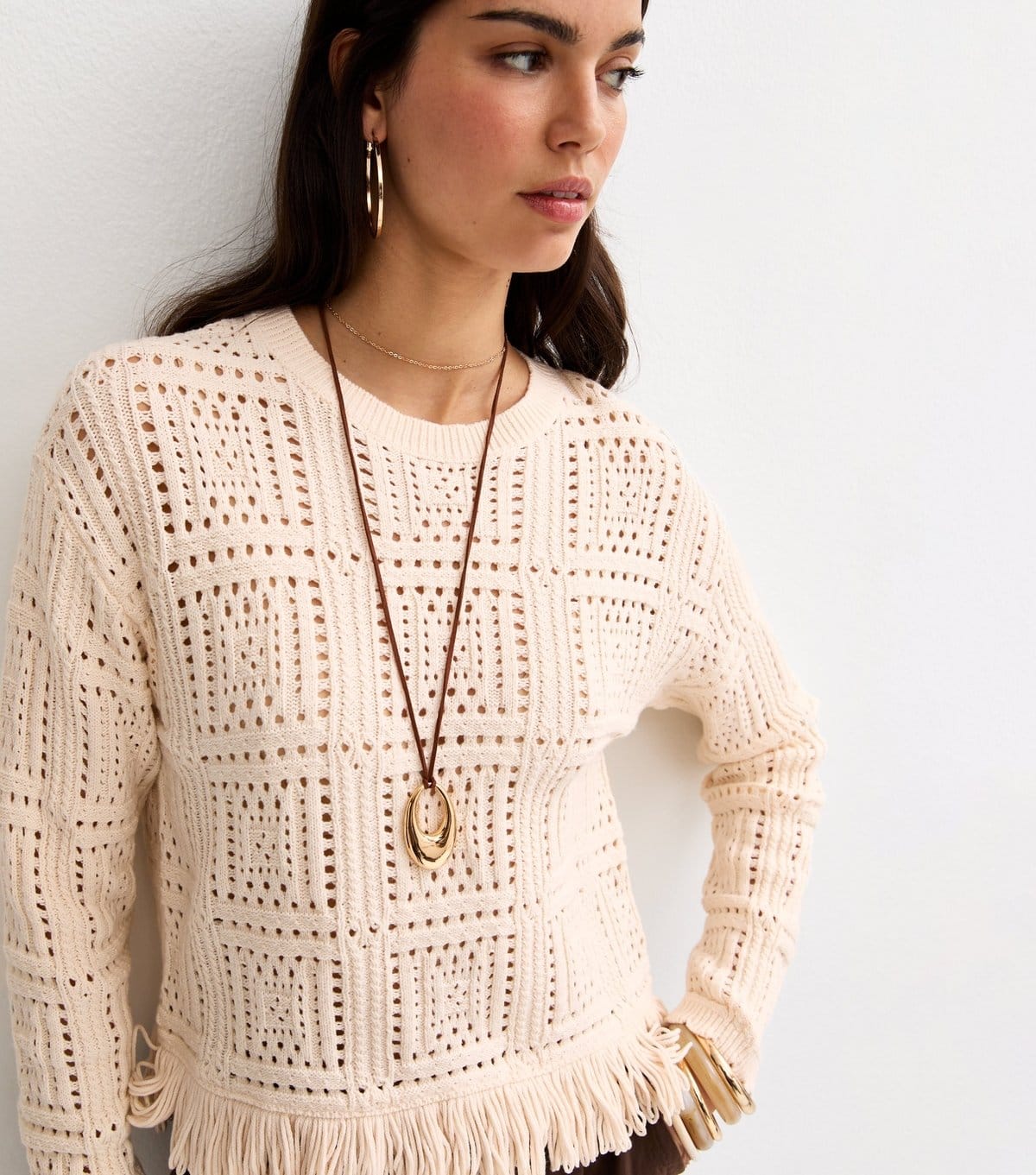 New Look Oatmeal Cotton Rich Fringed Jumper
