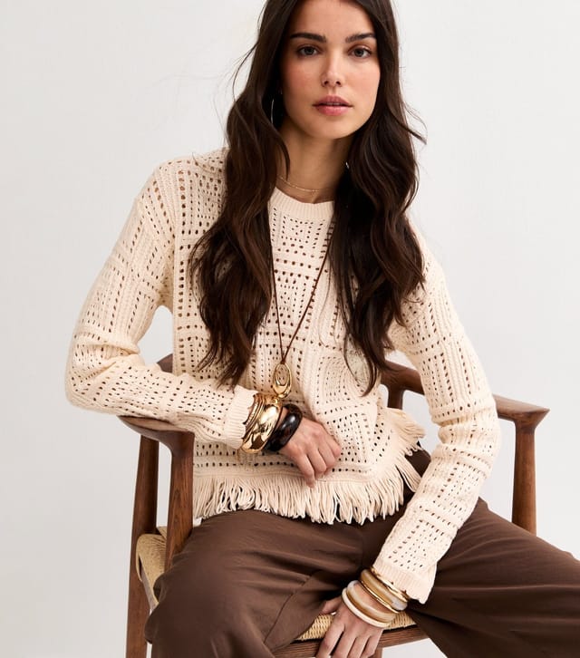 New Look Women's Oatmeal Cotton Rich Square Cut Out Fringed Jumper New Look - 2