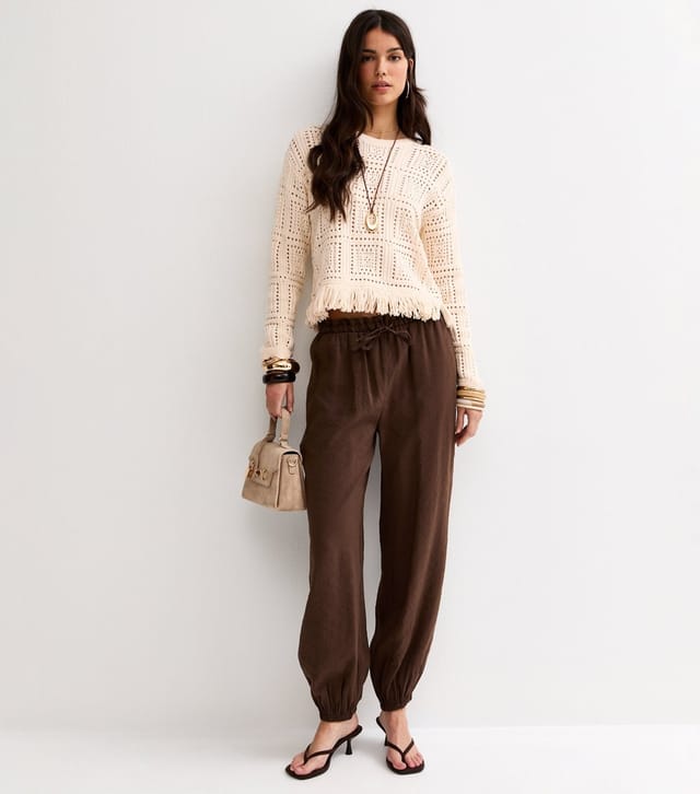 New Look Women's Oatmeal Cotton Rich Square Cut Out Fringed Jumper New Look - 3
