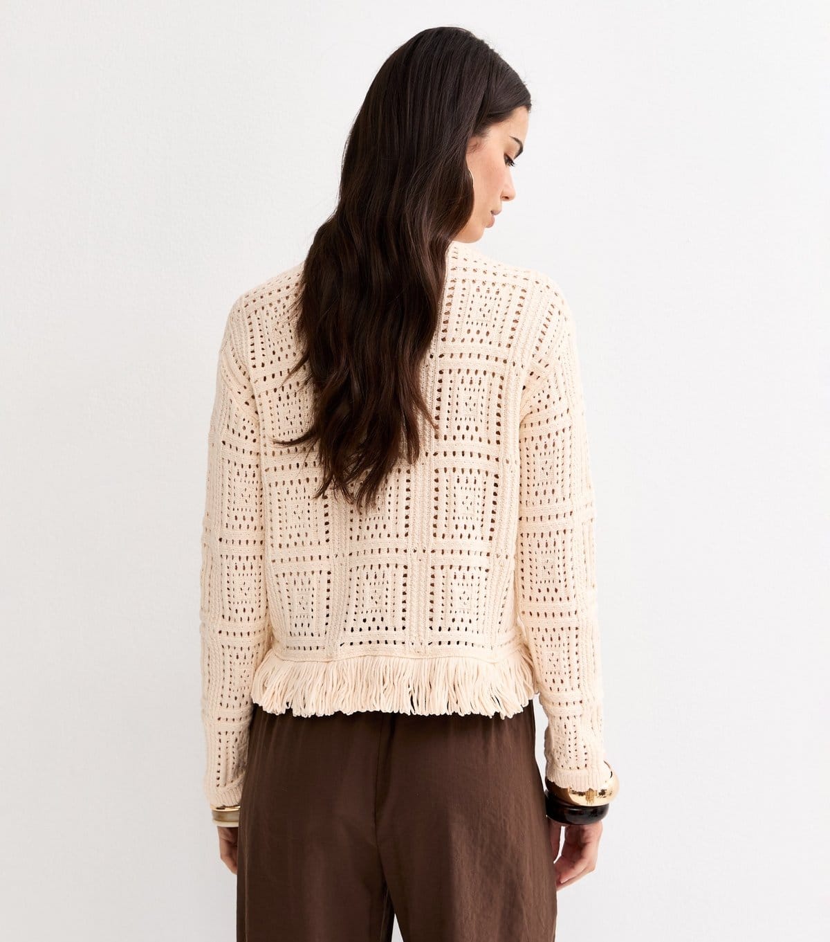 New Look Women's Oatmeal Cotton Rich Square Cut Out Fringed Jumper New Look - 4