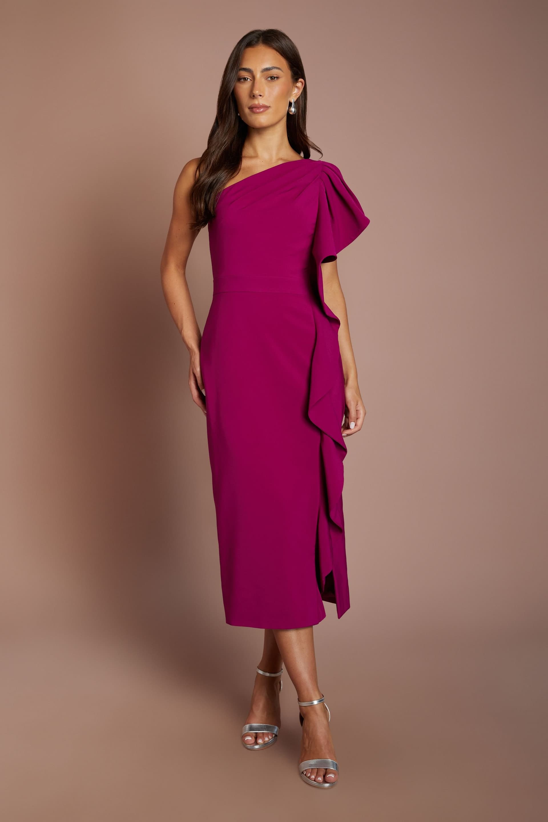 Coast Coast Women's One Shoulder Ruffle Crepe Pencil Midi Dress in Berry