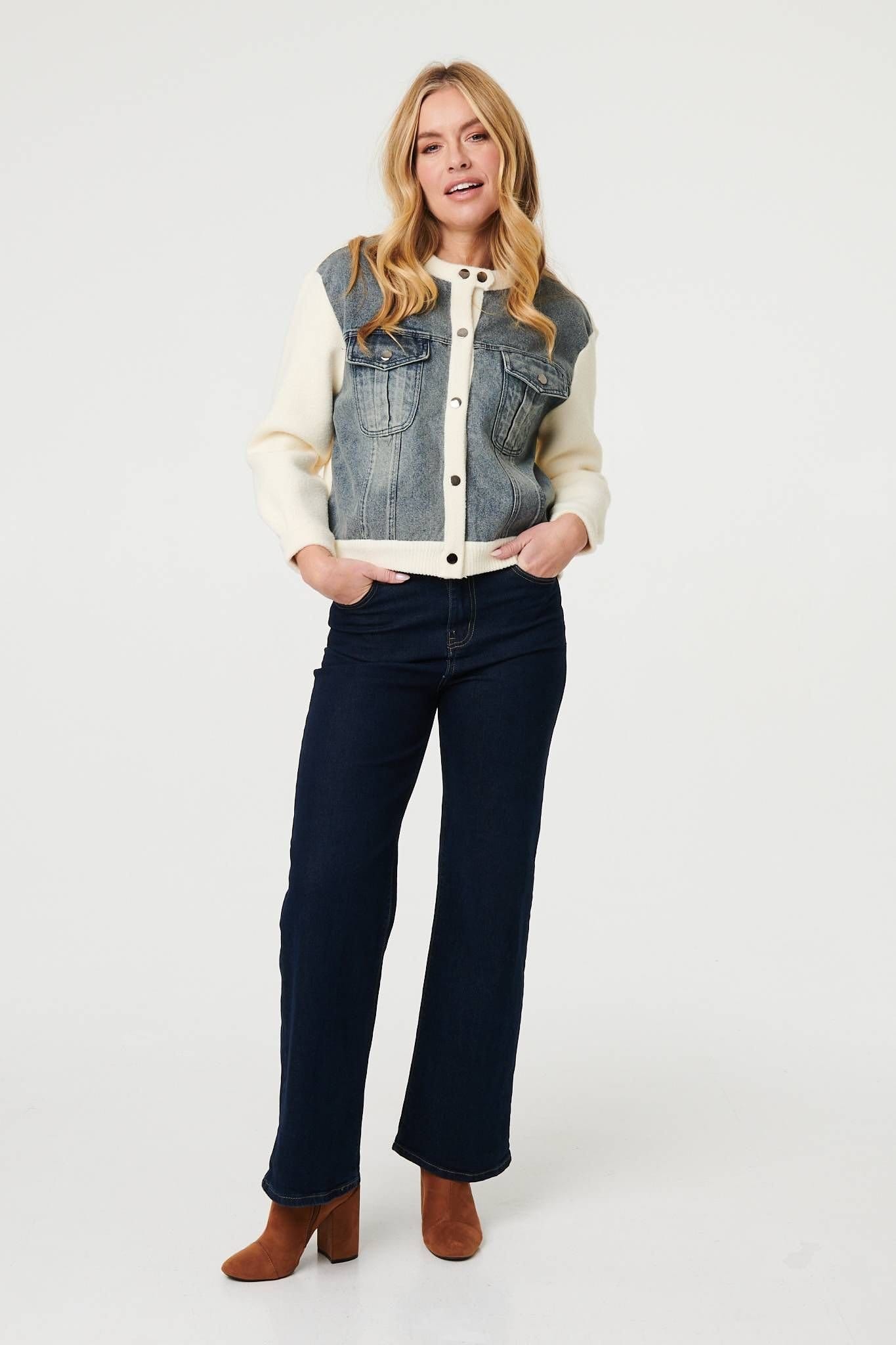 Izabel London Izabel London Women's Denim Contrast Texture Boxy Jacket in Off-White - 4