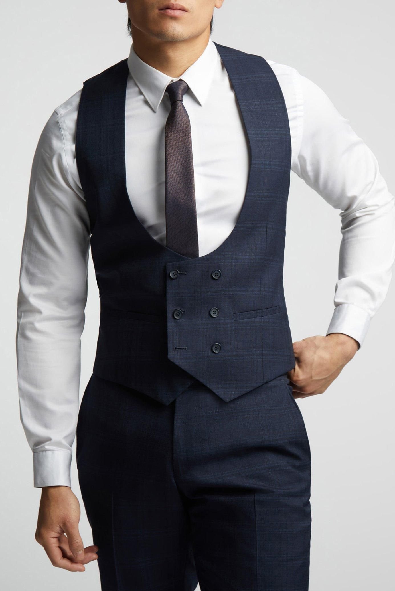 Alex Alex Men's Textured Check Waistcoat in Navy - 3