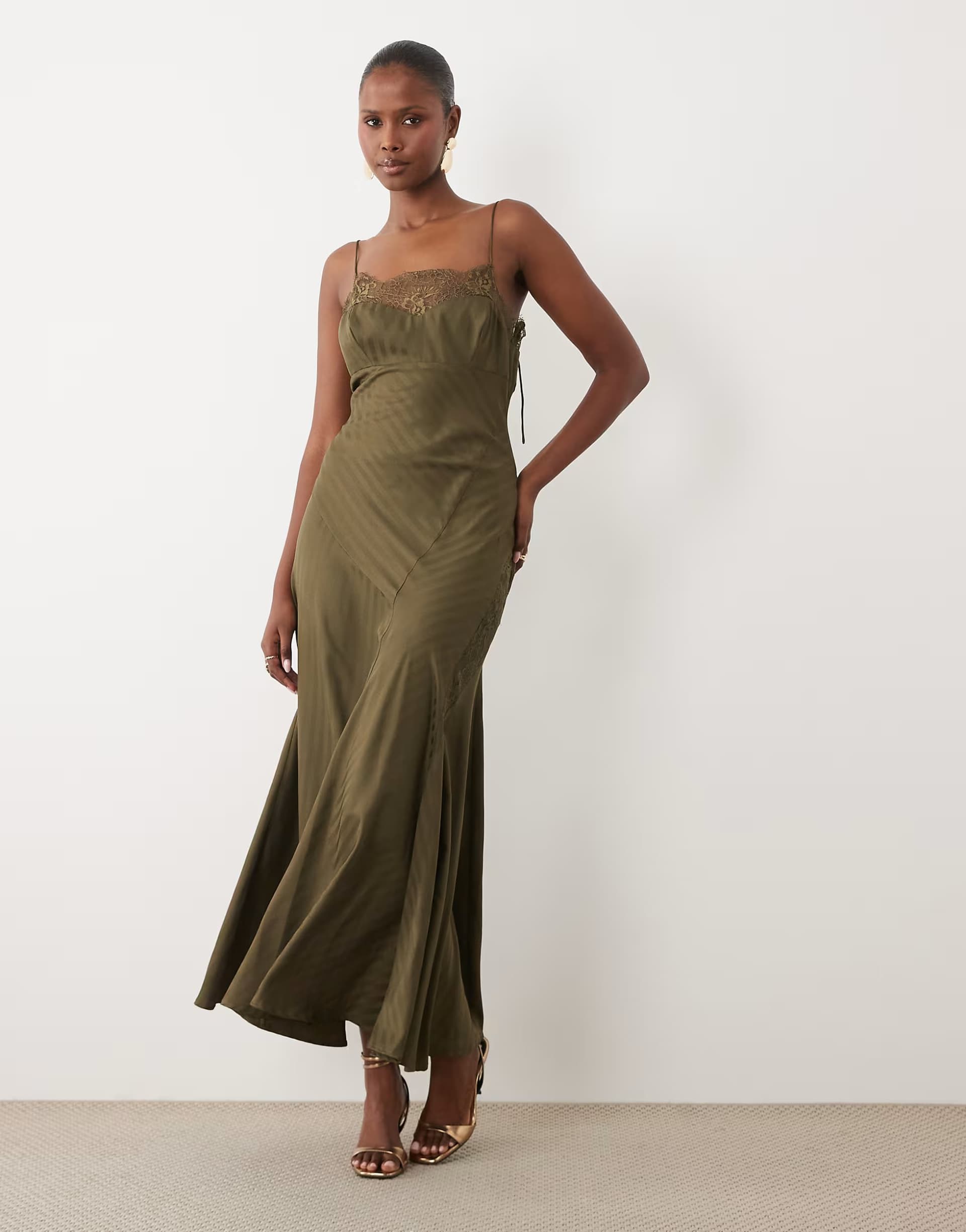 ASOS ASOS DESIGN striped satin cami slip maxi dress with lace trim in dark olive