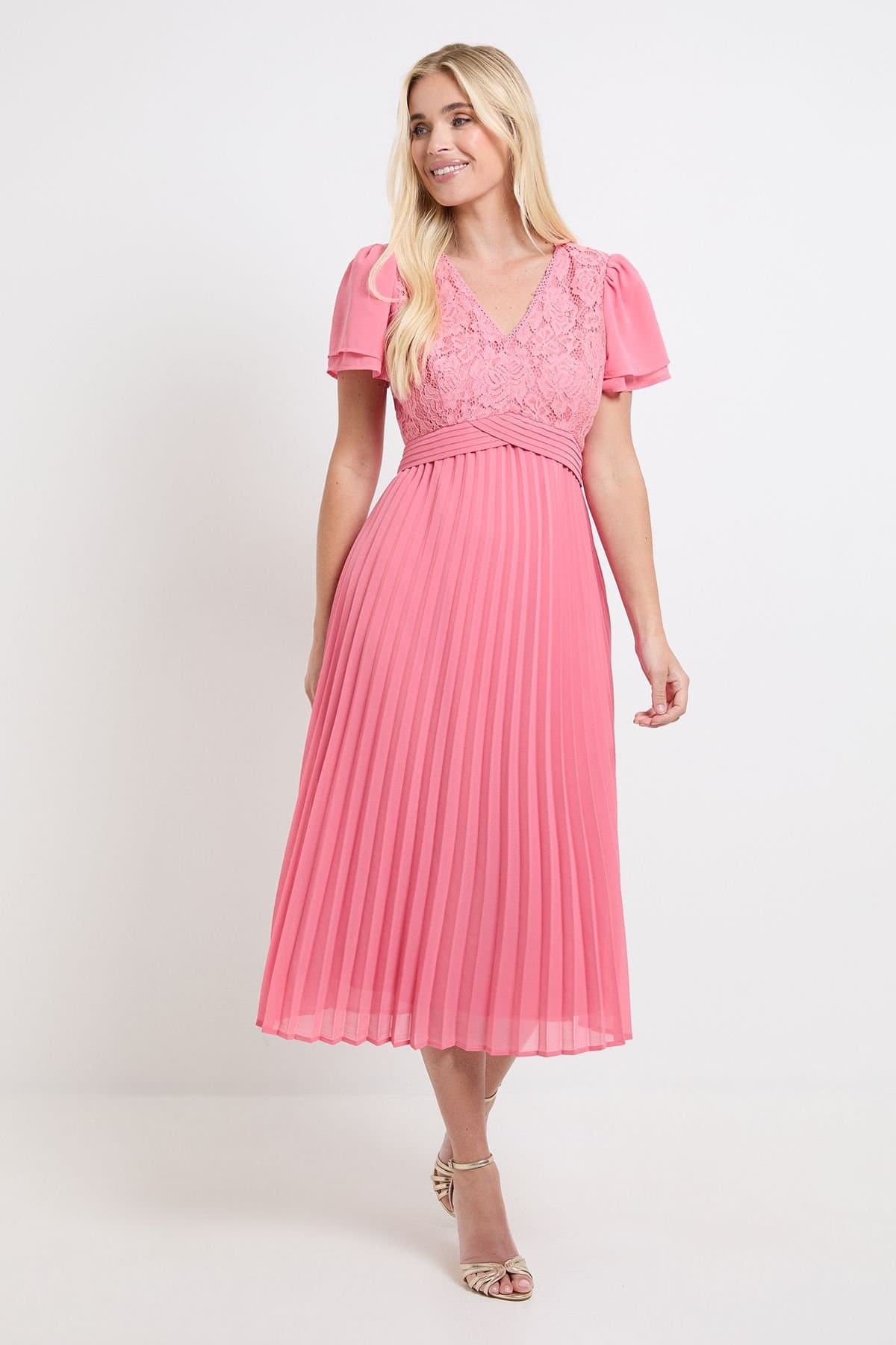 Wallis Wallis Women's Petite Lace Pleat Detail Midi Dress in Pink