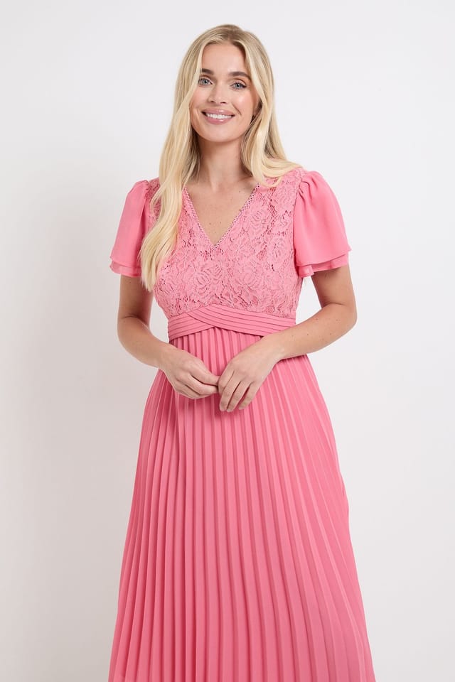 Wallis Wallis Women's Petite Lace Pleat Detail Midi Dress in Pink - 2