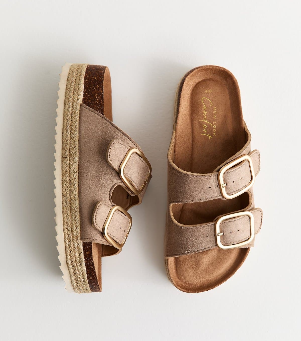 New Look Women's Light Brown Jute Sole Double Strap Mule Sandals Vegan New Look