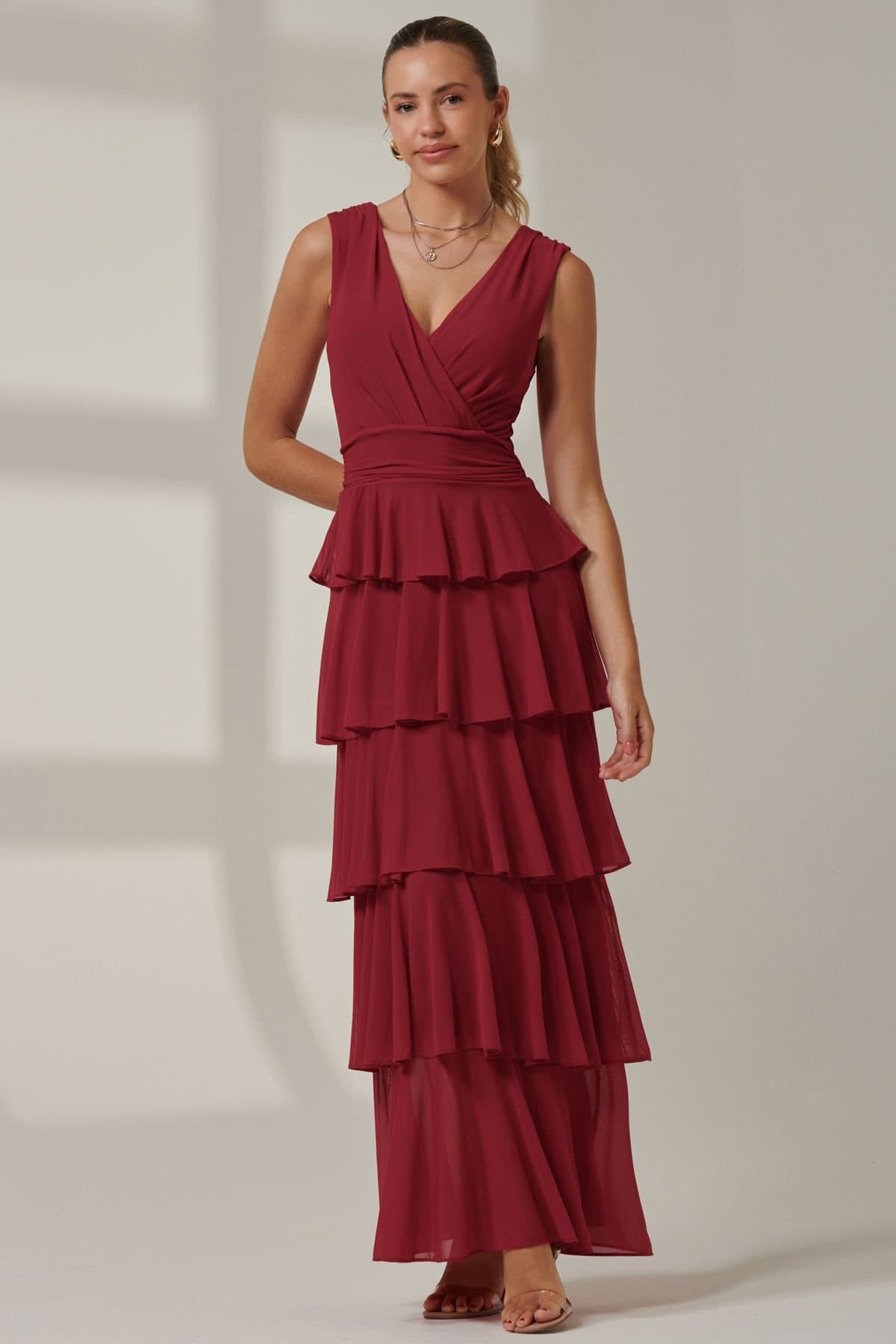 Jolie Moi Jolie Moi Women's Mesh Sleeveless Tierred Maxi Dress in Burgundy