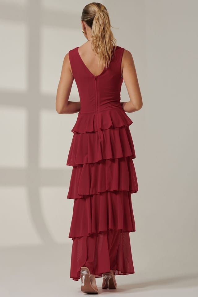 Jolie Moi Jolie Moi Women's Mesh Sleeveless Tierred Maxi Dress in Burgundy - 2