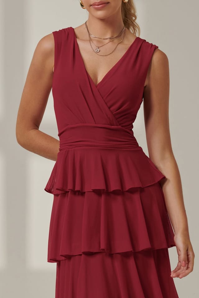 Jolie Moi Jolie Moi Women's Mesh Sleeveless Tierred Maxi Dress in Burgundy - 3
