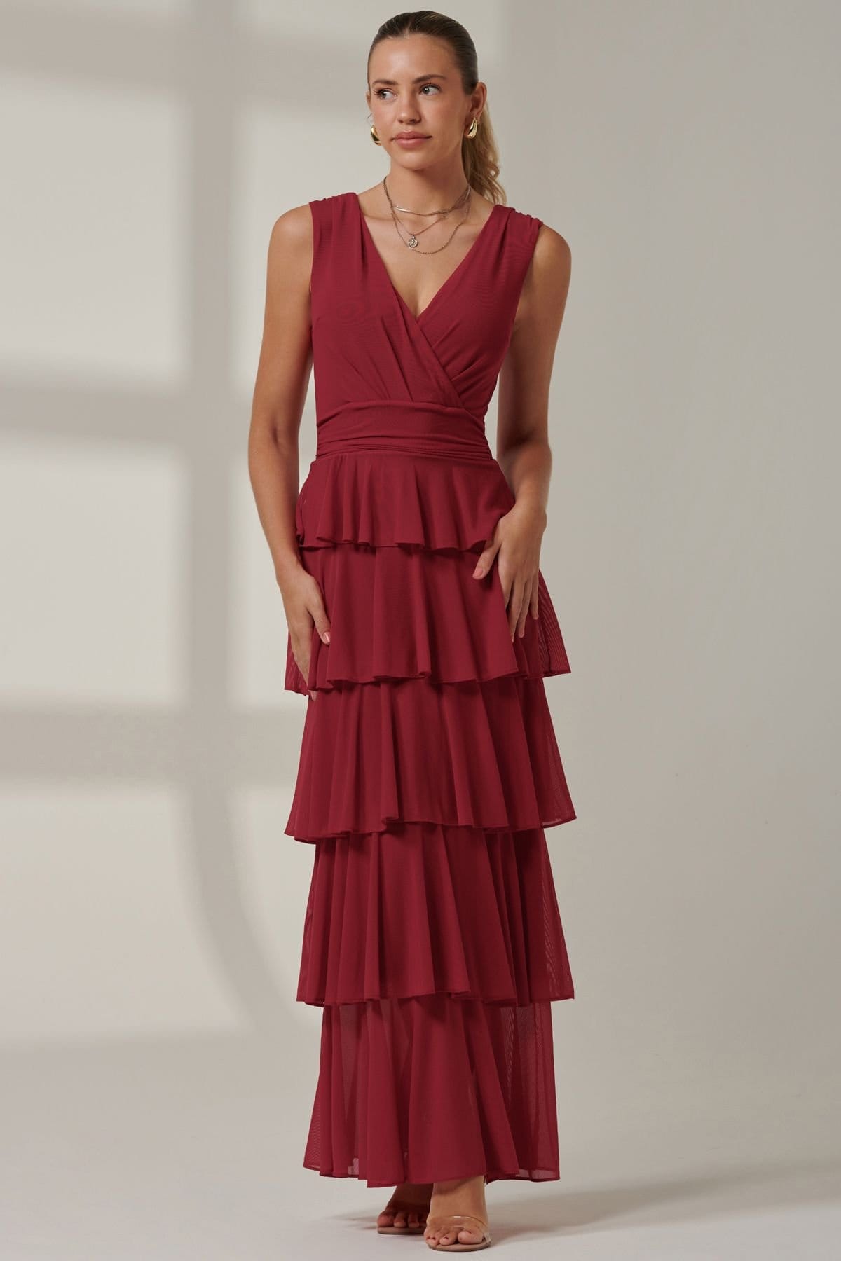 Jolie Moi Jolie Moi Women's Mesh Sleeveless Tierred Maxi Dress in Burgundy - 4