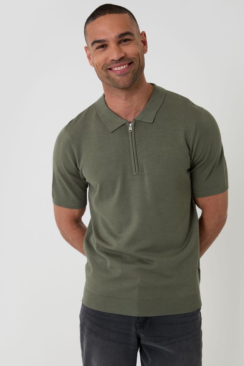 Threadbare threadbare Men's Quarter Zip Knitted Polo in Green - 1