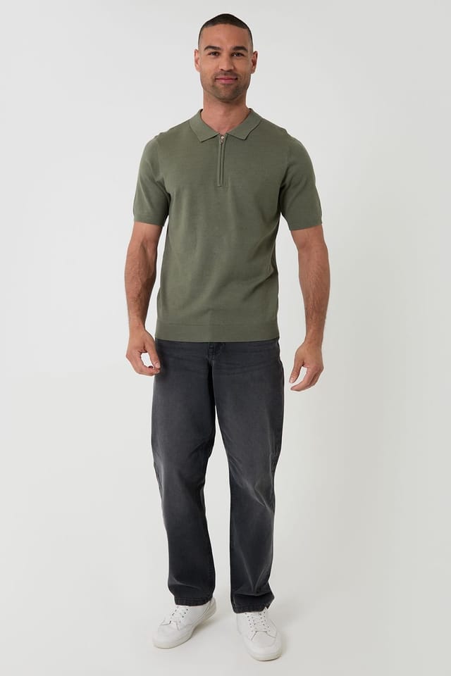 Threadbare threadbare Men's Quarter Zip Knitted Polo in Green - 3
