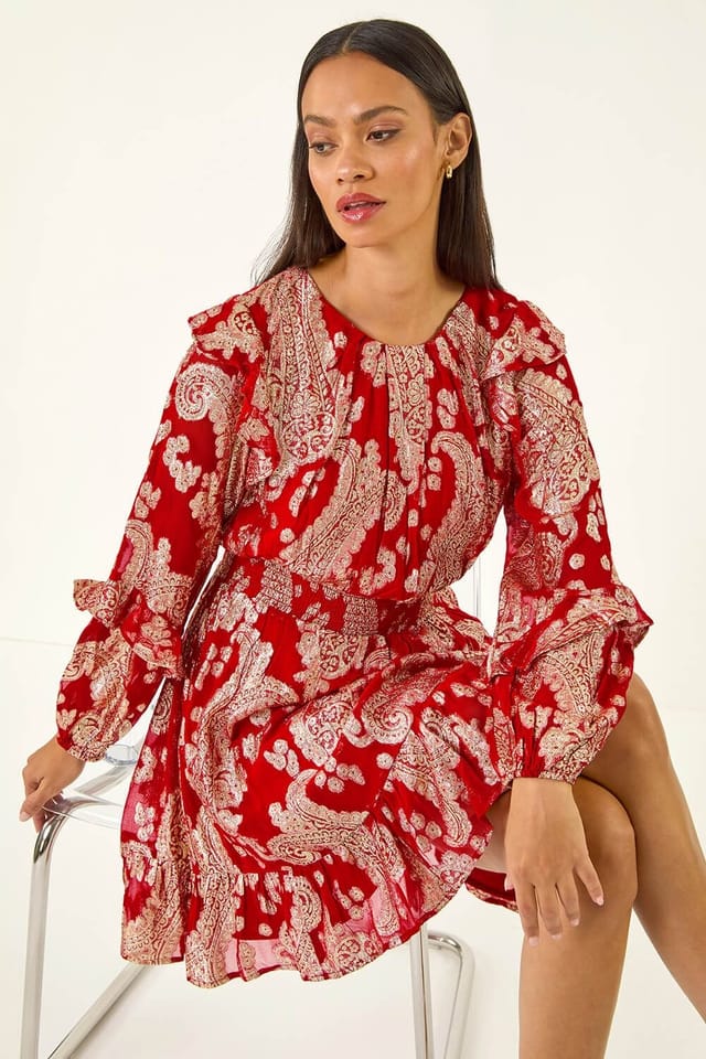 DUSK Dusk Women's Floral Foil Paisley Dress in Red - 2