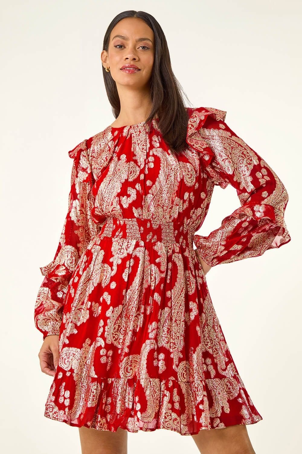DUSK Dusk Women's Floral Foil Paisley Dress in Red - 4