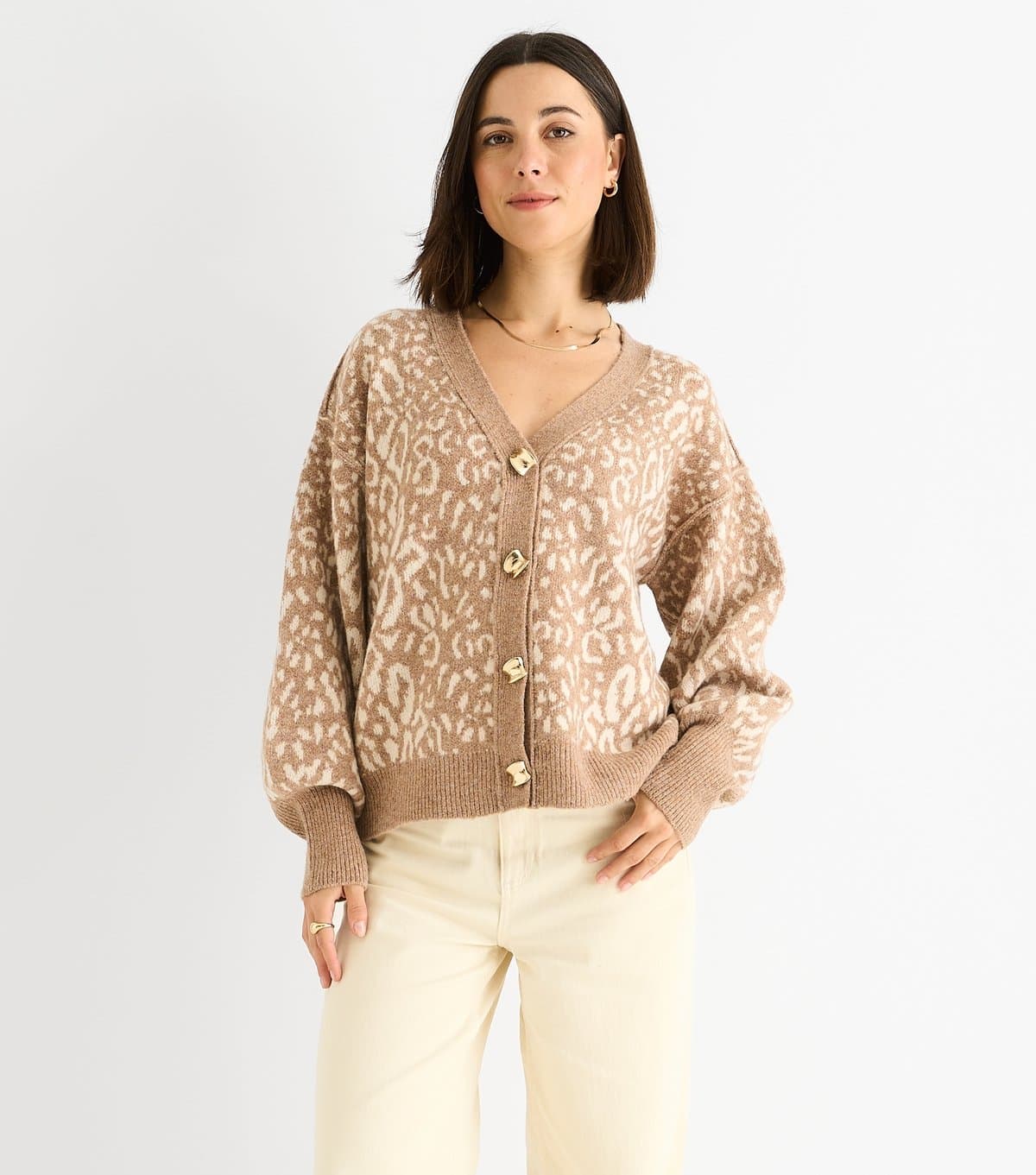 Gini London Women's Petite Camel Leopard Pattern Cardigan Gini London New Look