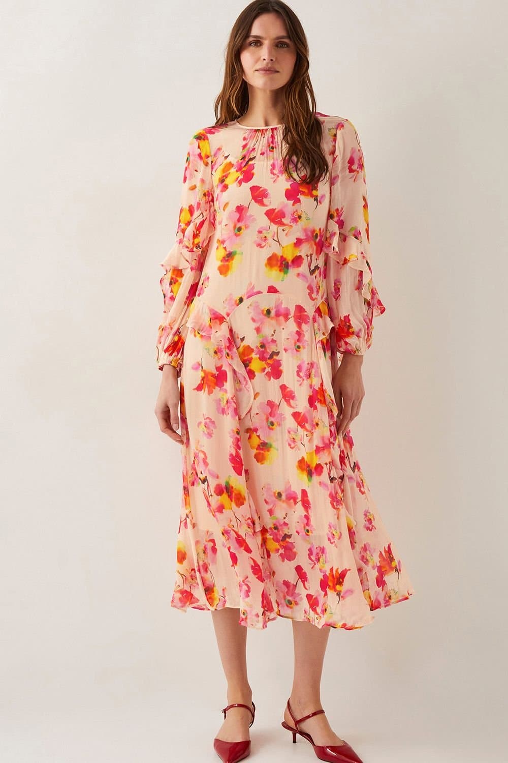 Monsoon Monsoon Women's Vanna Frill Floral Print Midi Dress Ivory