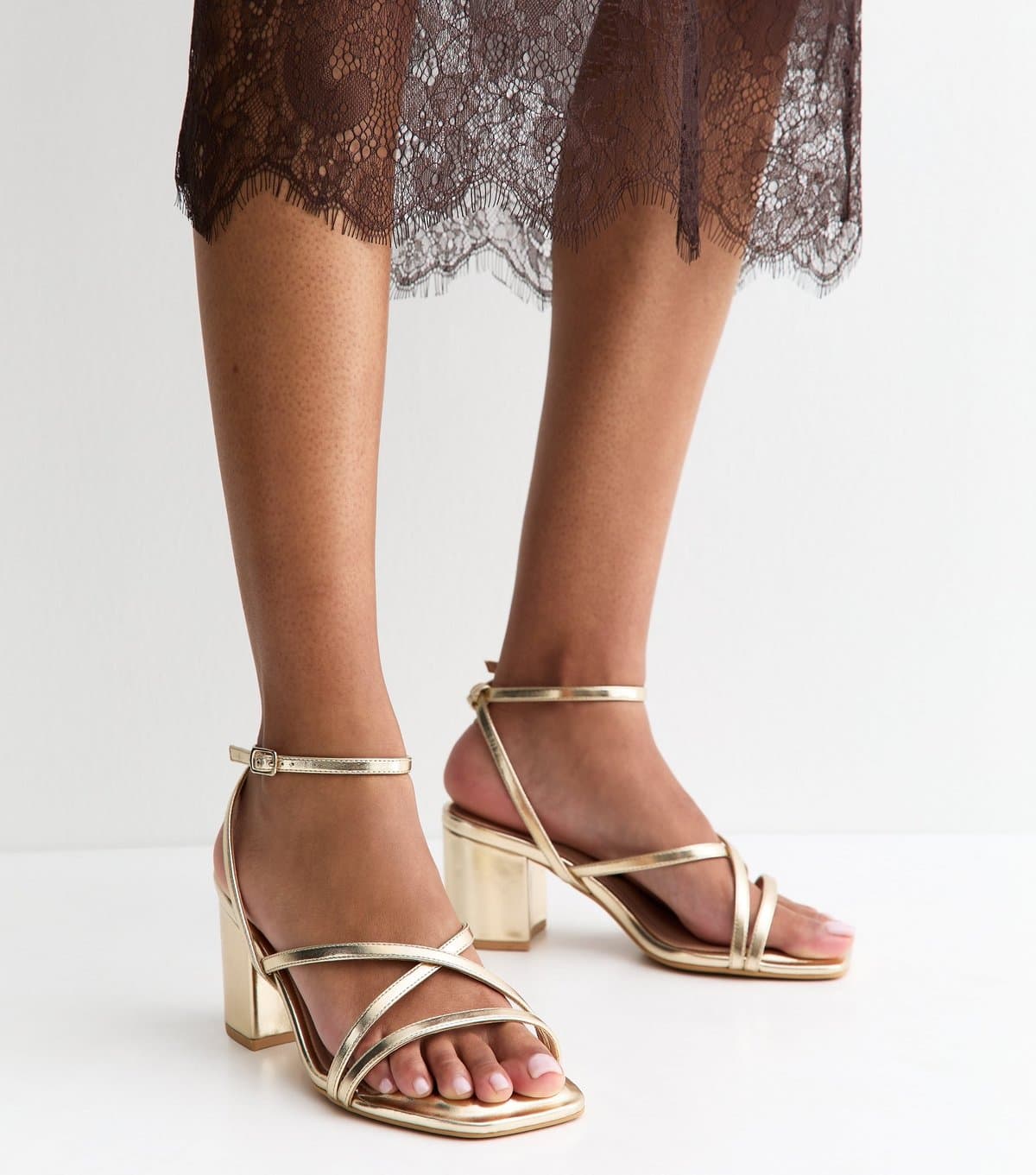New Look Women's Extra Wide Fit Gold Block Heel Multi Strap Sandals New Look