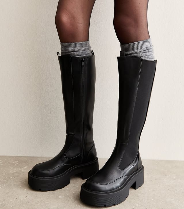 Public Desire Women's Black Evergreen Faux Leather Platform Knee High Boots Public Desire New Look - 2
