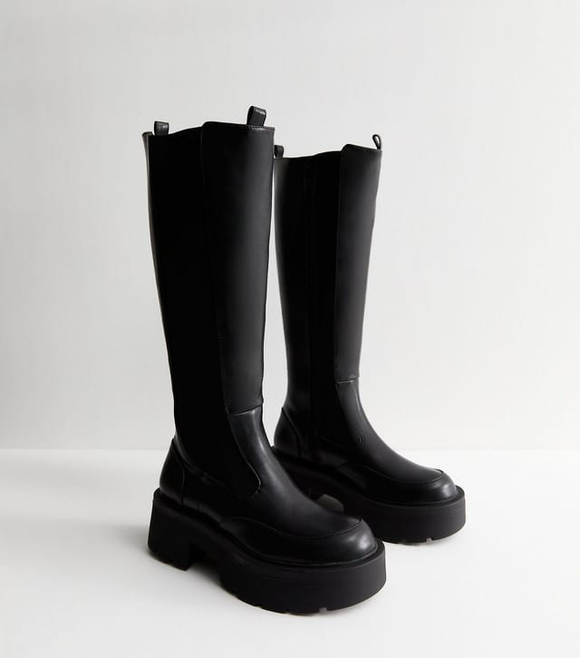 Public Desire Women's Black Evergreen Faux Leather Platform Knee High Boots Public Desire New Look - 3