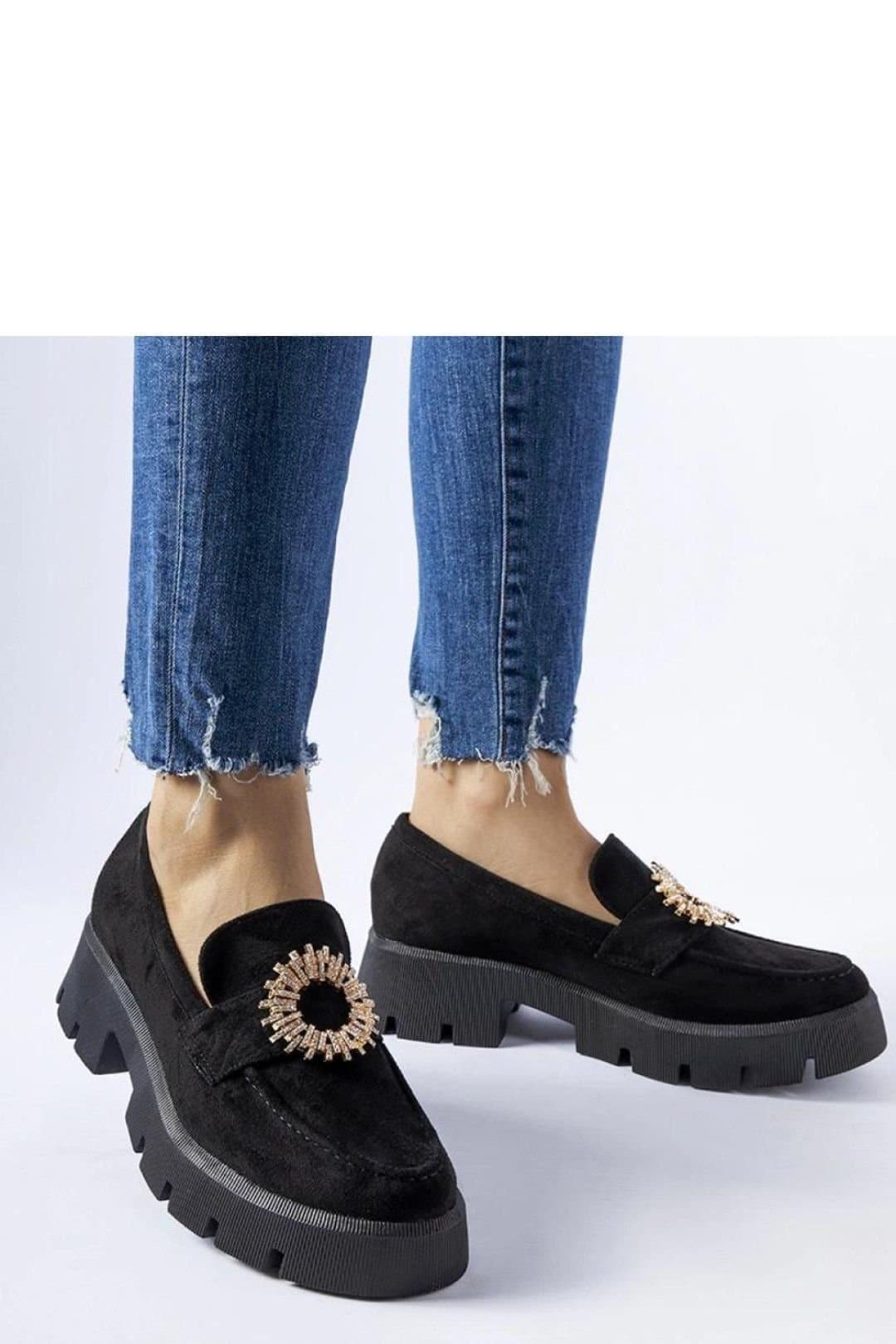 Love Lace Love Lace Women's Stanislas Zircon Buckle Slip On Moccasin Shoes Low Heel in Black