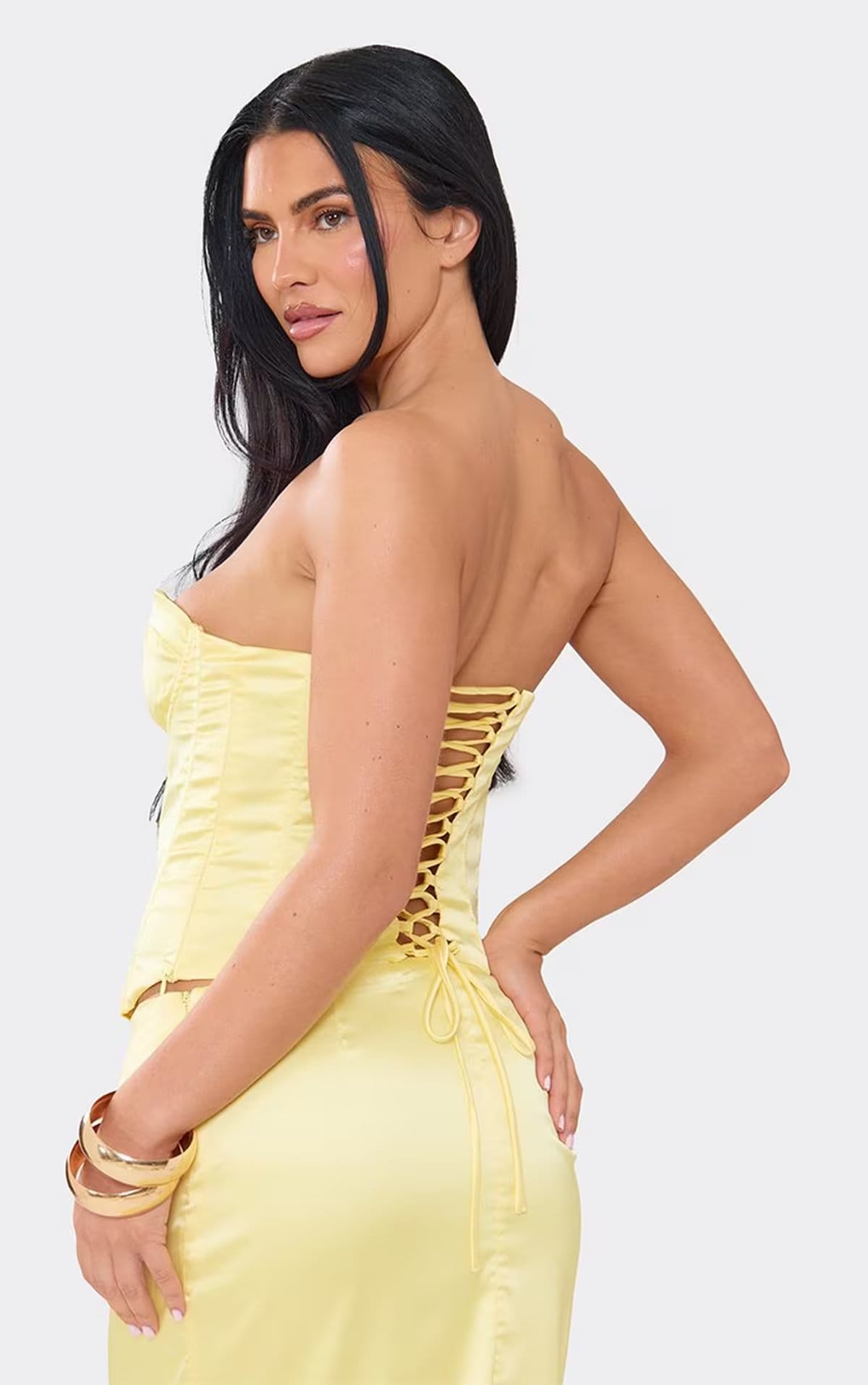 EGO Bandeau Lace Up Corset Top In Lemon Satin, Women's Size UK 6 - 1