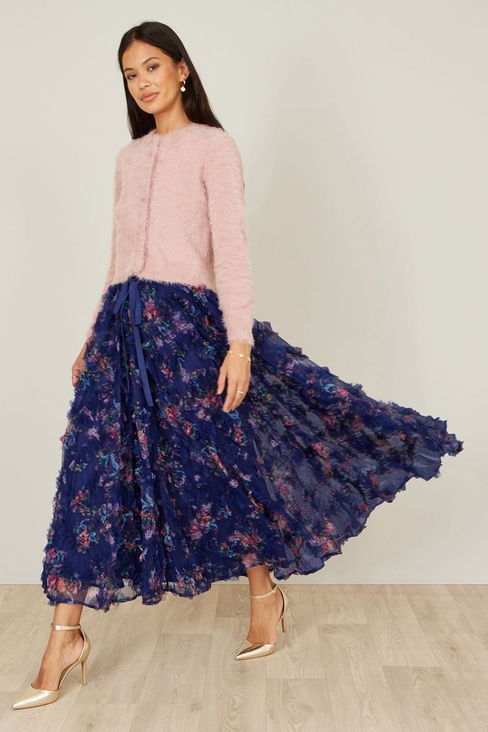 Yumi Yumi Women's Navy Floral Ruffle Mesh Midi Skirt - 4