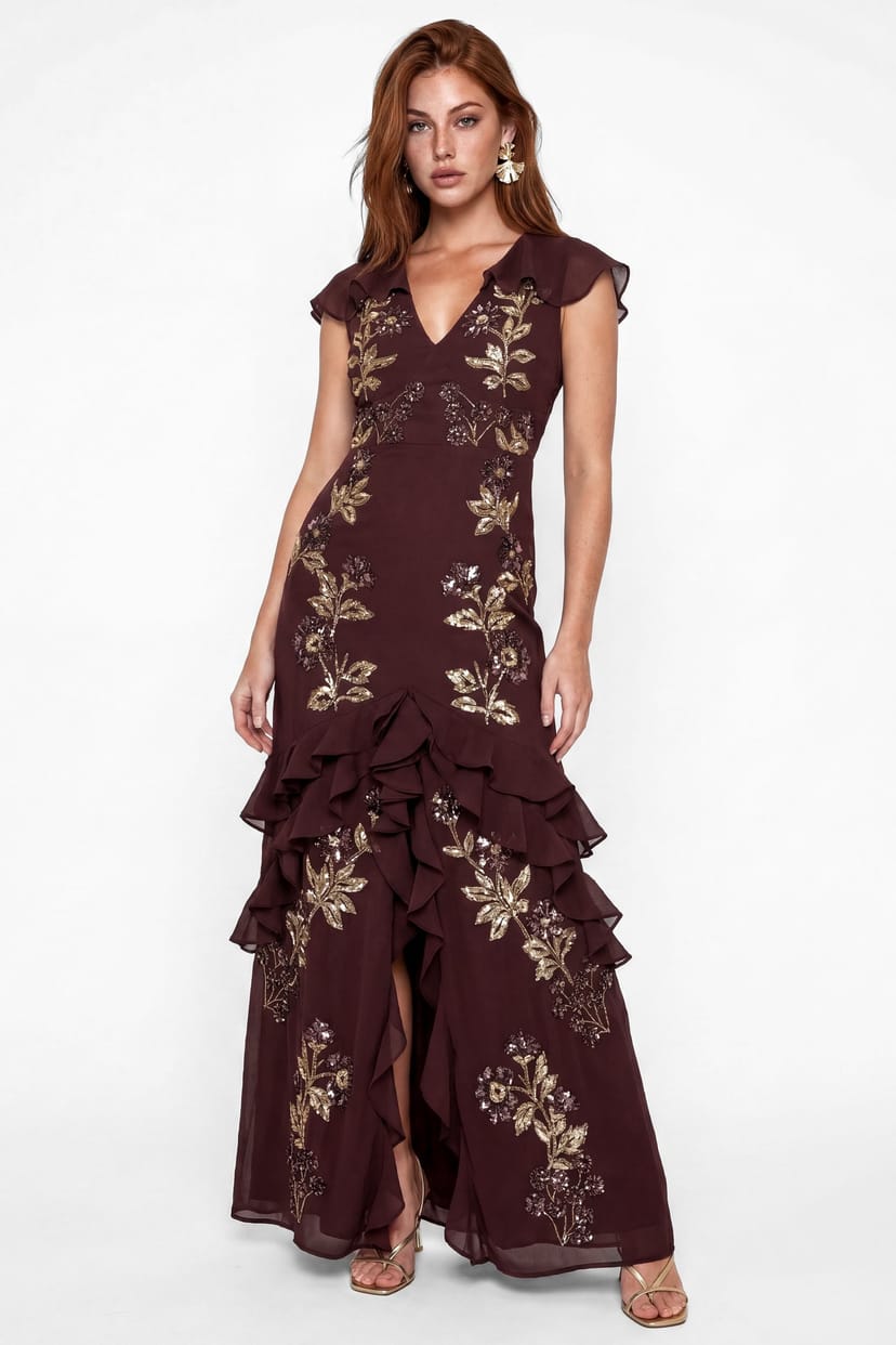 Maya Deluxe Maya Deluxe Women's Cape Sleeve Embellished Maxi Dress in Brown - 1