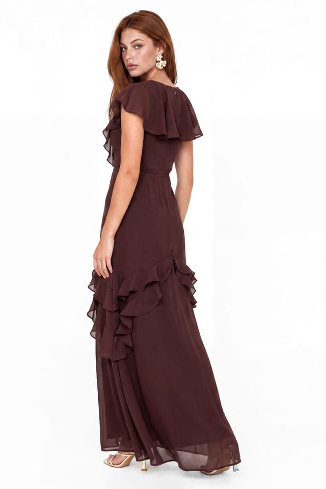 Maya Deluxe Maya Deluxe Women's Cape Sleeve Embellished Maxi Dress in Brown - 2