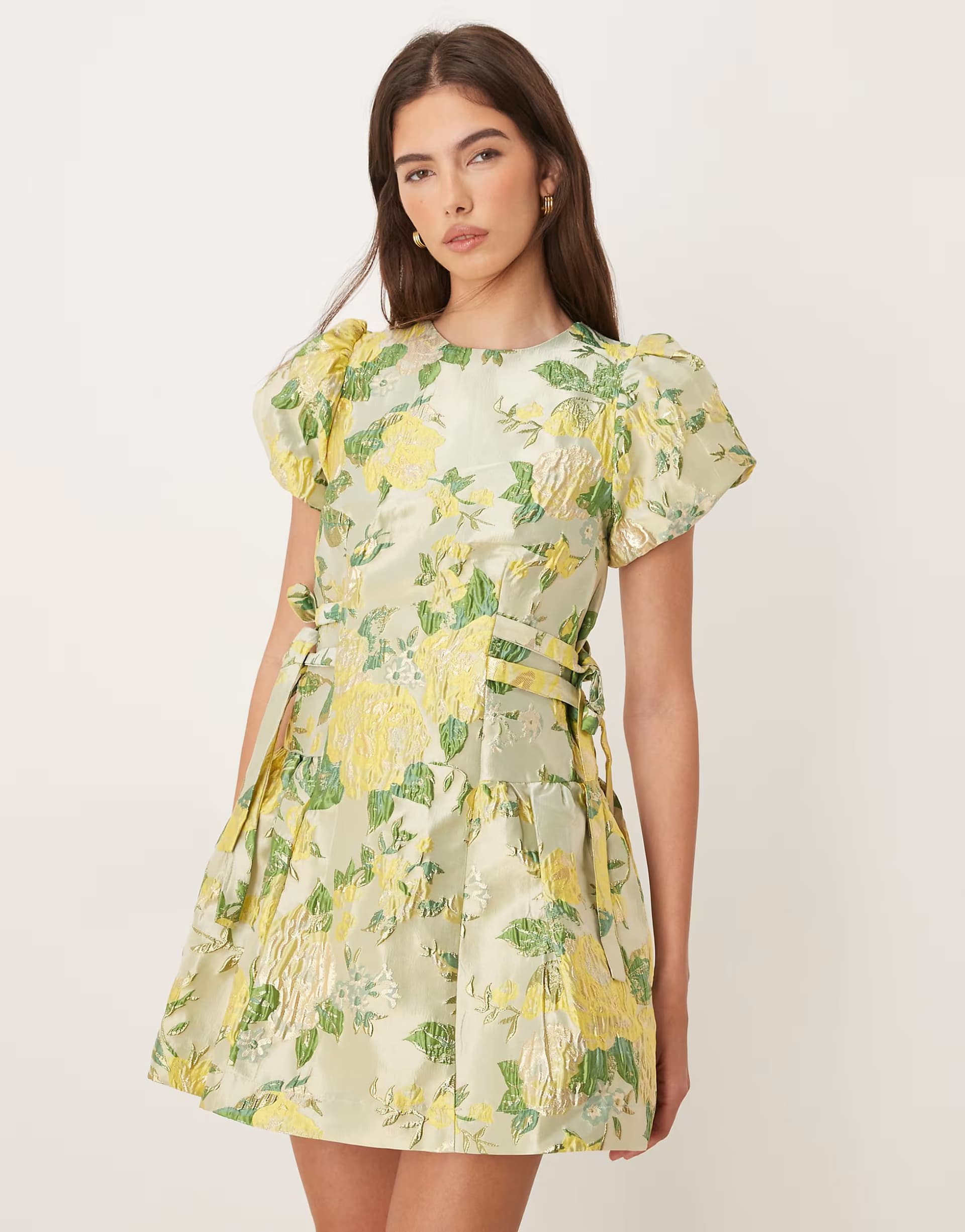 ASOS Dream Sister Jane Sunspel jacquard puff sleeve tie bow side mini dress in lime floral