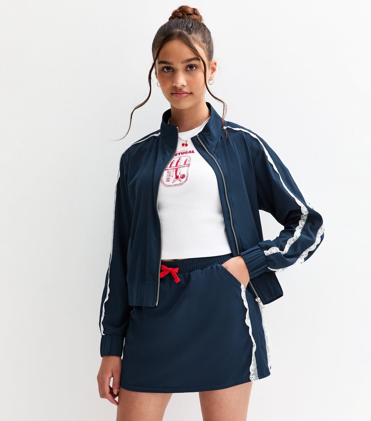 New Look Girls' Navy Lace Side Stripe Mini Skirt New Look