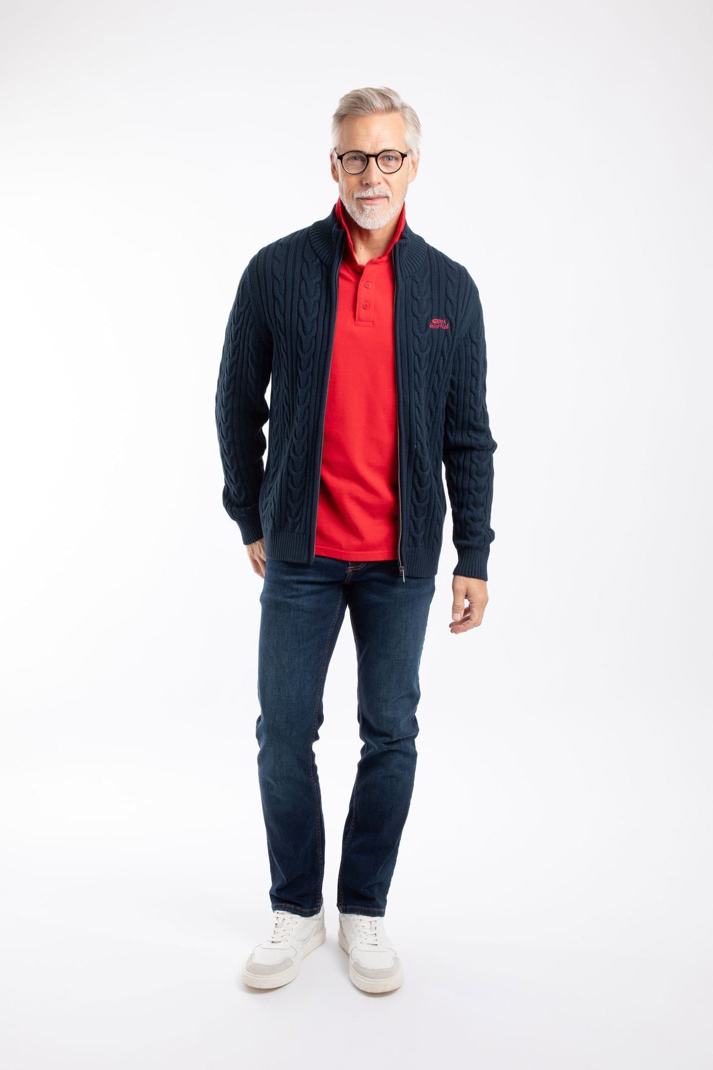 Weird Fish Weird Fish Men's Bexley Full Zip Cable Knit Jumper in Navy