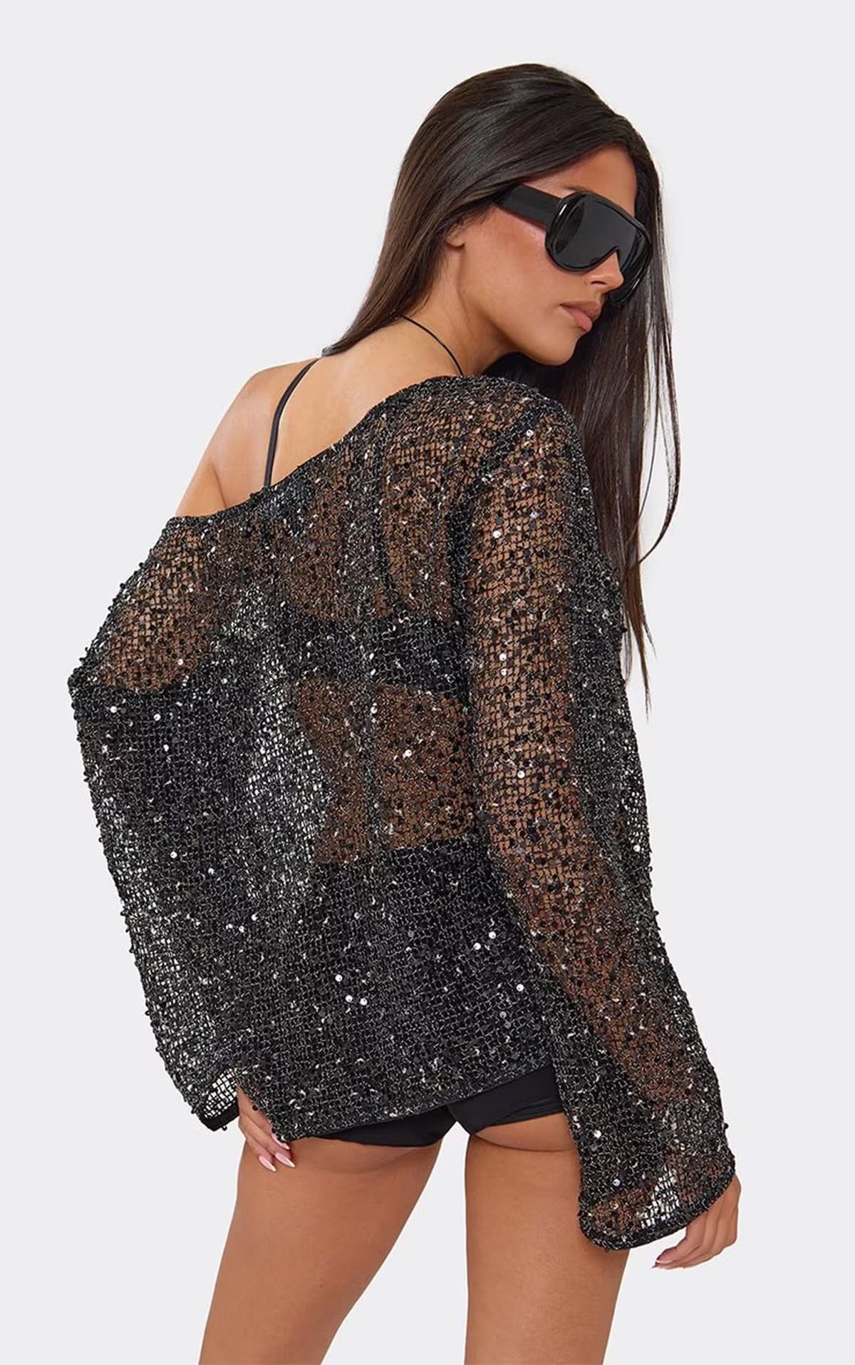 EGO Off The Shoulder Long Sleeve Top In Black Sequin, Women's Size UK 6