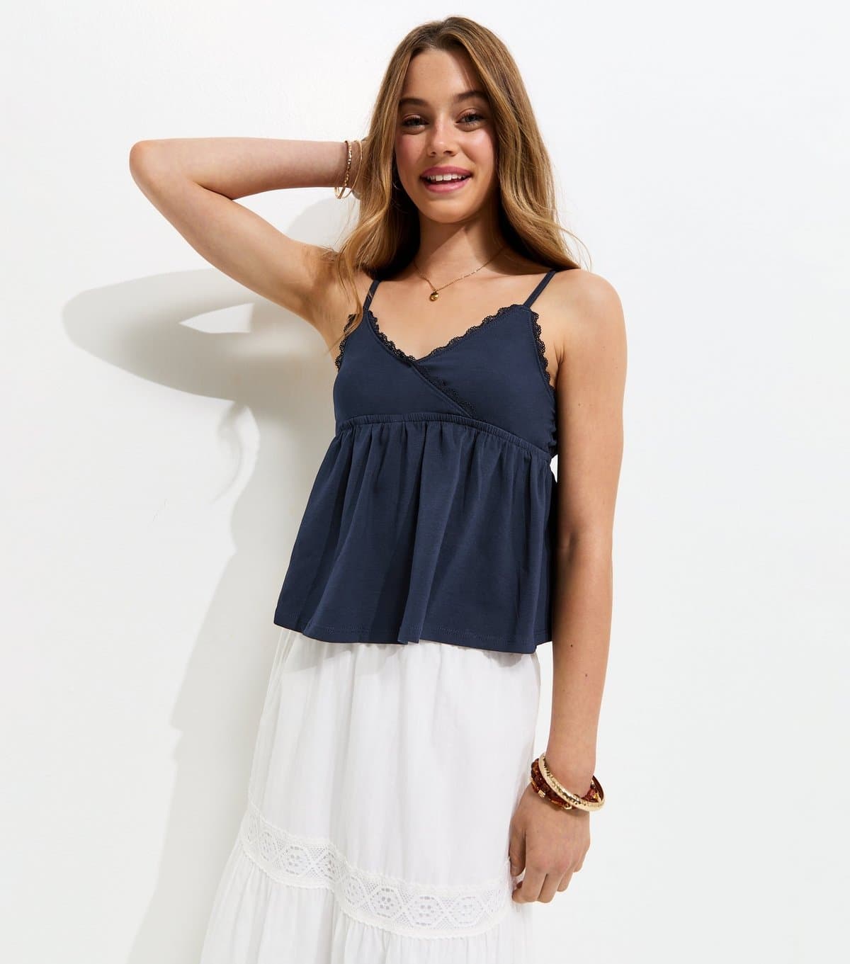 New Look Girls' Navy Cotton Rich Lace Trim Triangle Cami Top New Look