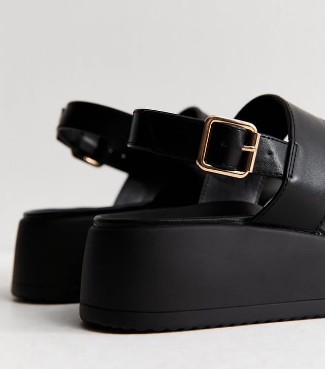 New Look Women's Wide Fit Black Faux Leather Flatform Sandals Vegan New Look - 3