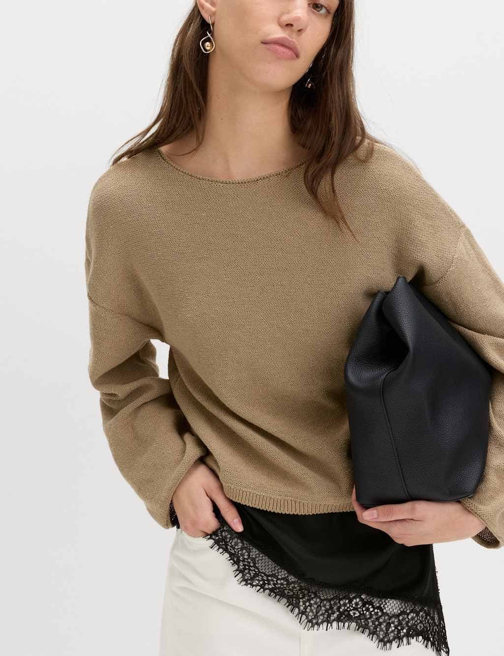 Marks & Spencer M&S Cotton Blend Lace Detail Jumper Biscuit