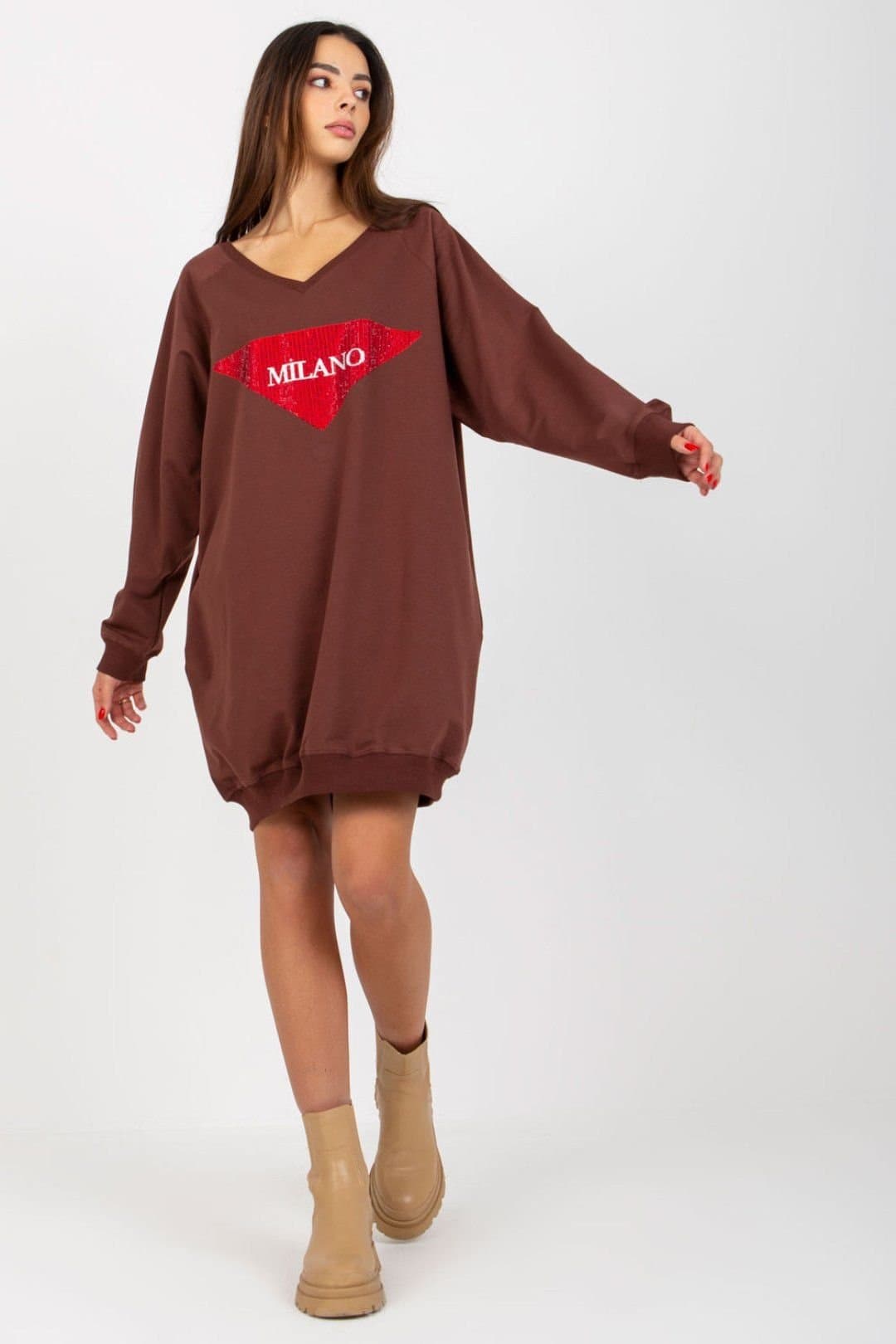Love Lace Love Lace Women's Long V Neck Casual Sweatshirt with Jet Stones in Brown