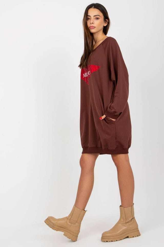 Love Lace Love Lace Women's Long V Neck Casual Sweatshirt with Jet Stones in Brown - 2
