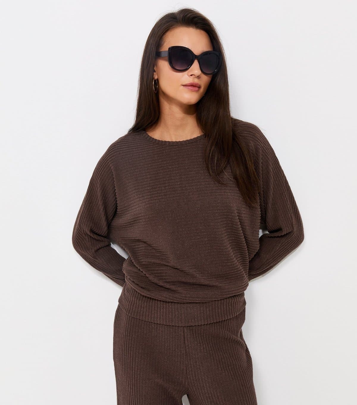 New Look Women's Dark Brown Soft Touch Ribbed Batwing Sleeve Top New Look