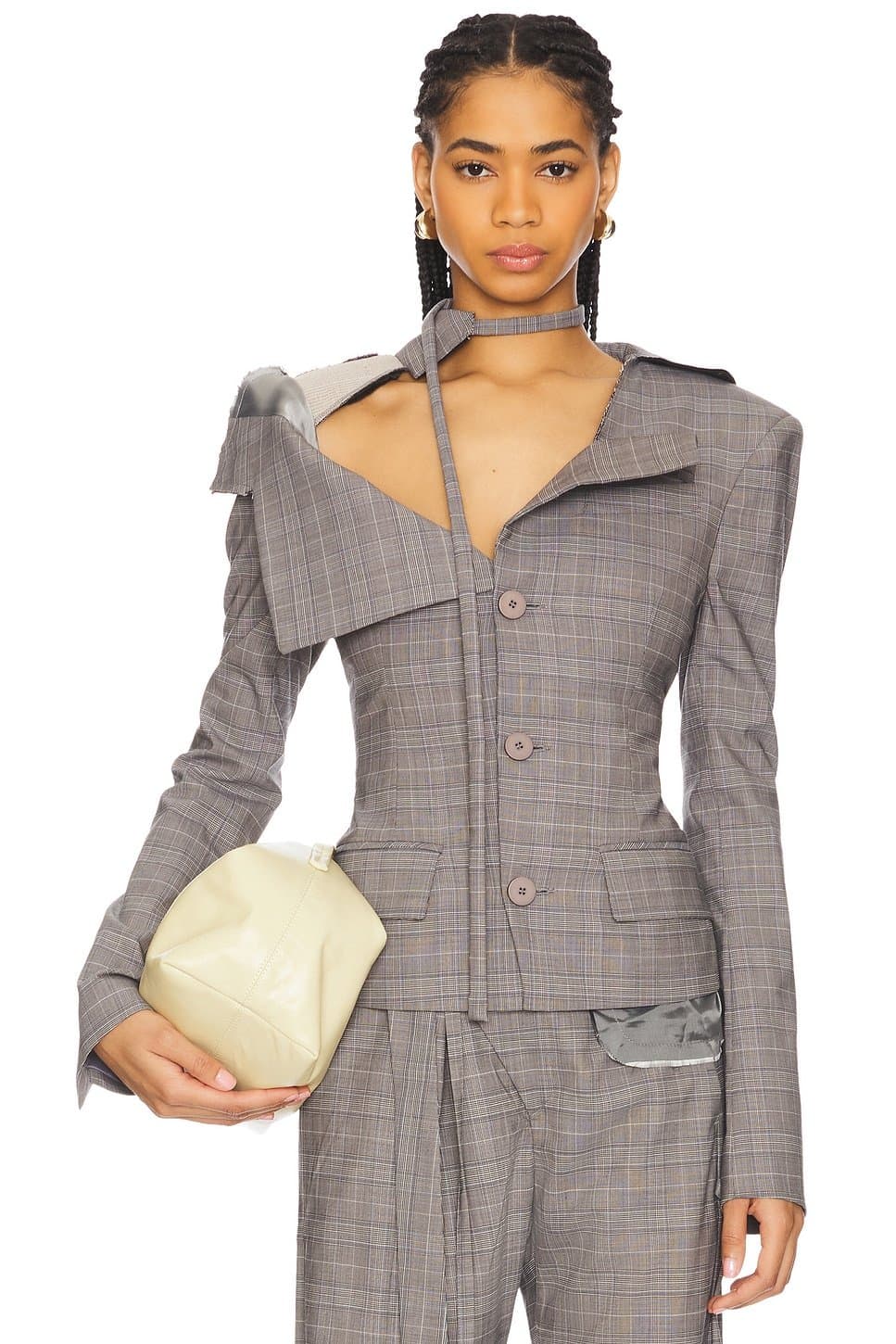 revolve Revolve Grey Plaid Off-Shoulder Blazer