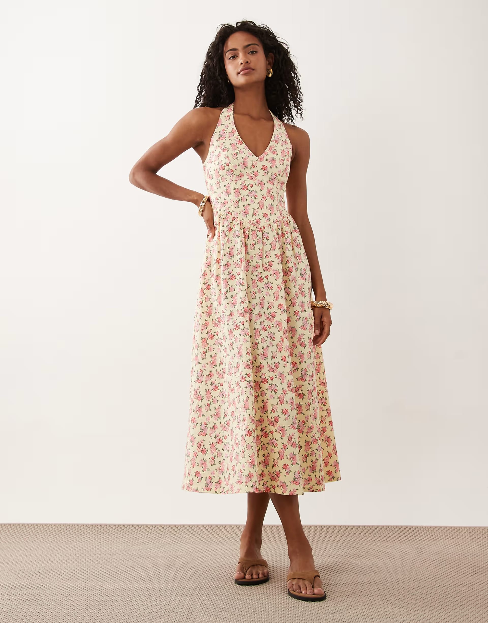 ASOS Yellow Floral Halterneck Midi Dress