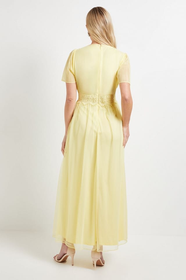 Wallis Wallis Women's Petite Mesh Lace Trim Maxi Dress in Butter - 3
