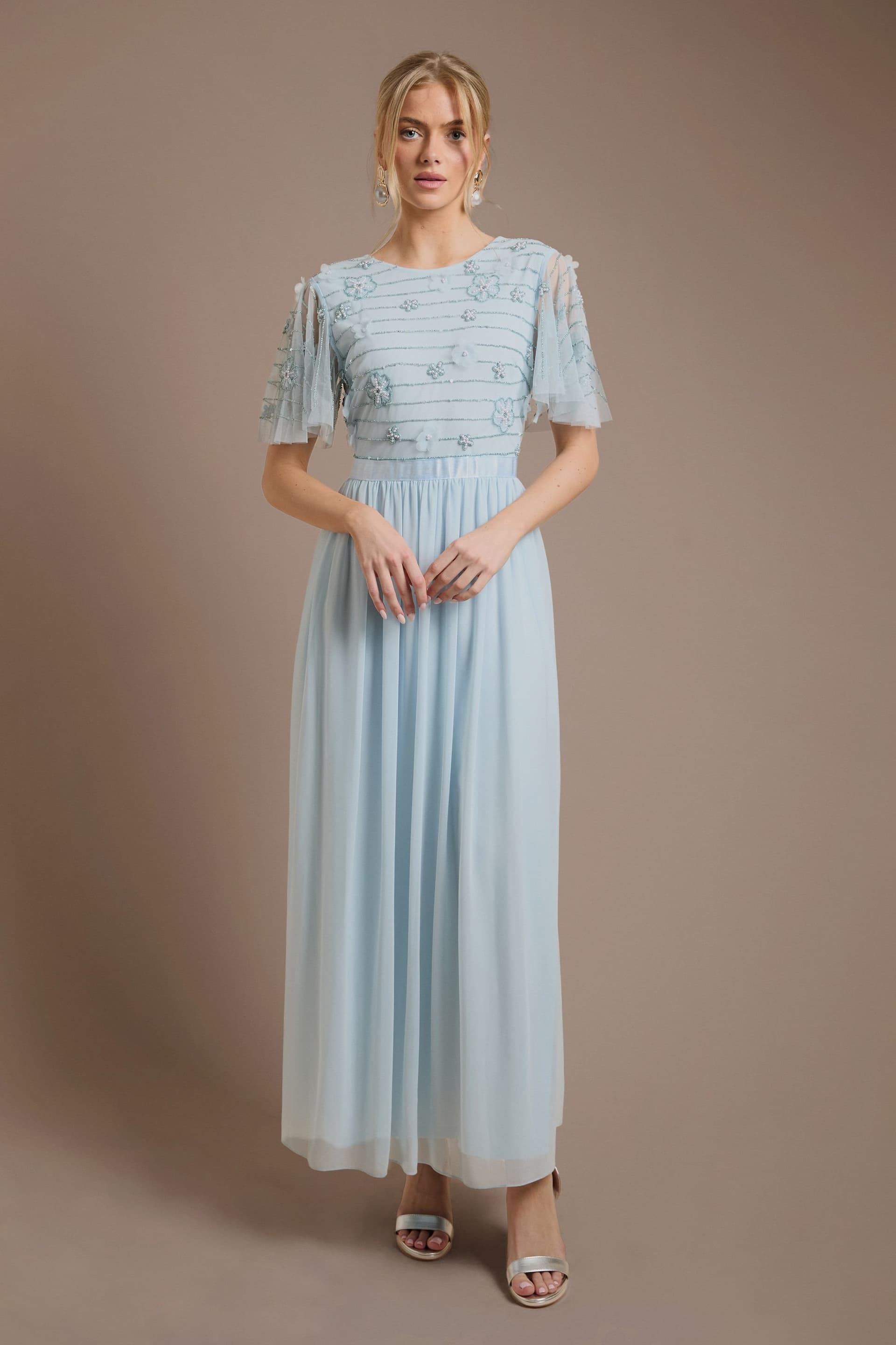 Oasis Oasis Women's Petite Floral Embellished Mesh Angel Sleeve Maxi Dress in Dusty Blue