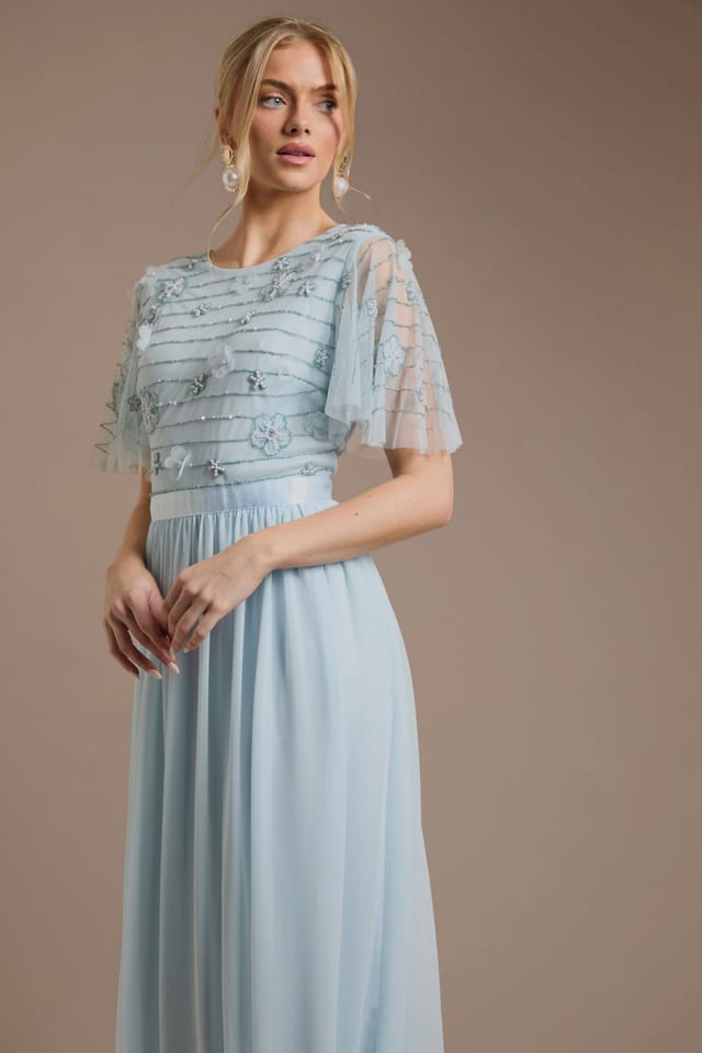 Oasis Oasis Women's Petite Floral Embellished Mesh Angel Sleeve Maxi Dress in Dusty Blue - 2